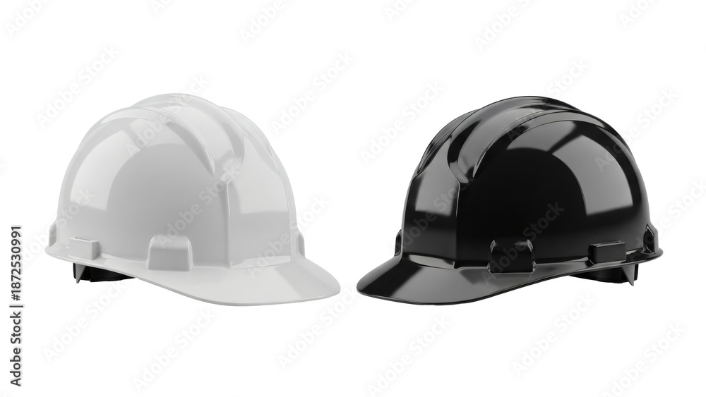 Fototapeta premium Shiny white and black hard hats for construction site safety and protection