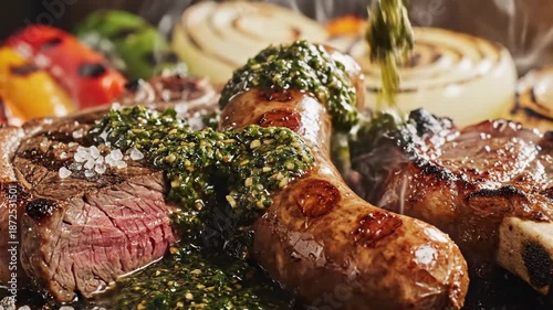 Extreme close-up view of a mouth-watering mixed grill platter featuring a thick beef steak topped with sea salt and a savory grilled sausage