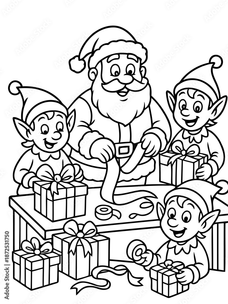 custom made wallpaper toronto digitalHoliday Workshop Illustration: A festive scene unfolds as Santa Claus, with his jovial beard, collaborates with a team of cheerful elves, meticulously preparing gifts for the upcoming holiday season.