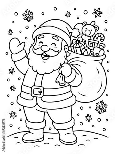 Santa Claus's Festive Journey: A jovial illustration of Santa Claus, brimming with holiday cheer, carries a sack overflowing with gifts, spreading joy. Surrounded by delicate snowflakes.