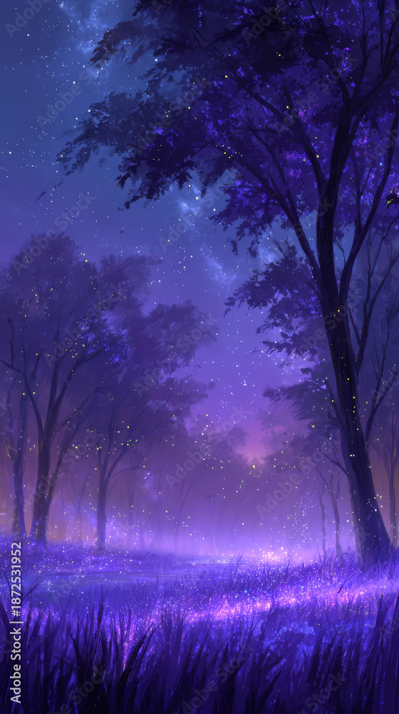 Fototapeta premium Mystical purple and blue forest landscape with glowing fireflies under starry night sky creating magical and serene atmosphere