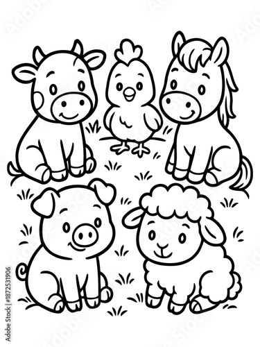 Farm Friends: A collection of adorable farm animals come together in a heartwarming scene, perfect for educational resources, playful designs, and children's content.