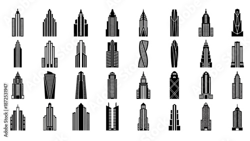 Collection of Modern Skyscraper Illustrations in Various Architectural Styles