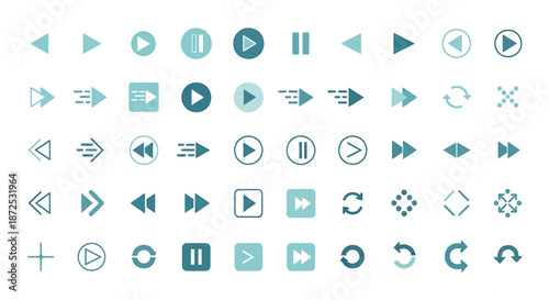 Collection of various media control icons in teal on a white background