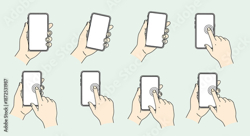 Hands holding mobile devices in various grips and orientations against a soft green background