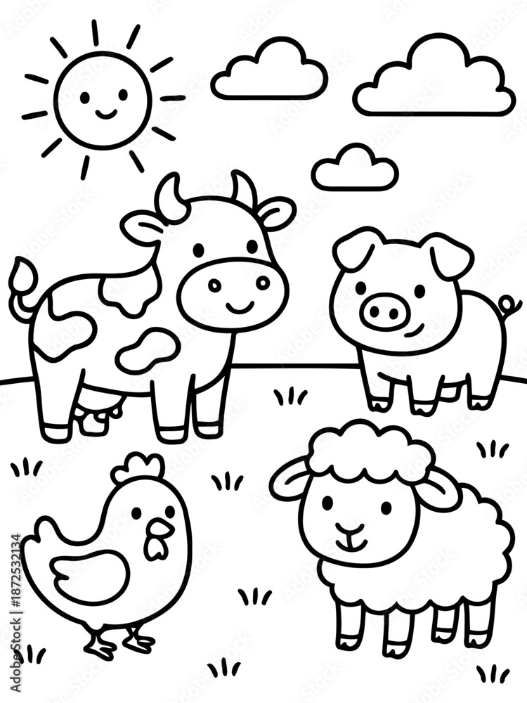 Obraz premium Farm Friends Illustration: A cheerful farm scene depicts a delightful cow, a playful pig, a fluffy sheep, and a quirky chicken basking under a smiling sun and fluffy clouds.