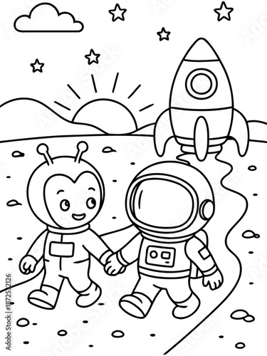 Cosmic Companion's Journey: A sweet moment of friendship is illustrated as an astronaut and alien embark on an intergalactic walk, hand-in-hand, under the watchful gaze of the cosmos.