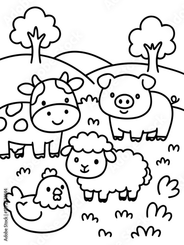 Farm Friends: A charming illustration depicts a collection of adorable farm animals, each with unique features, gathering in a playful scene amidst rolling hills and lush grass.