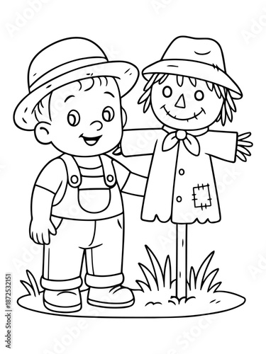Farm Friends: A cheerful boy, dressed in overalls and a hat, stands side-by-side with a whimsical scarecrow, embodying the spirit of harvest time. 
