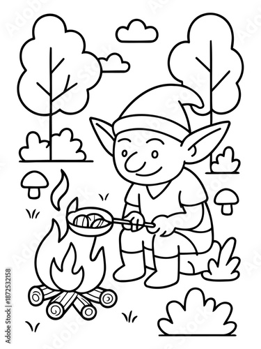Campfire Cooking Elf: An endearing elf meticulously cooks over an open campfire within a whimsical outdoor scene, bringing a touch of fairytale magic to the moment.