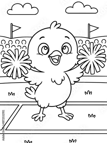 Little Cheerleader: An adorable chick cheerfully cheers at a sports event, waving pom-poms to rally support. Capturing youthful enthusiasm and community spirit.