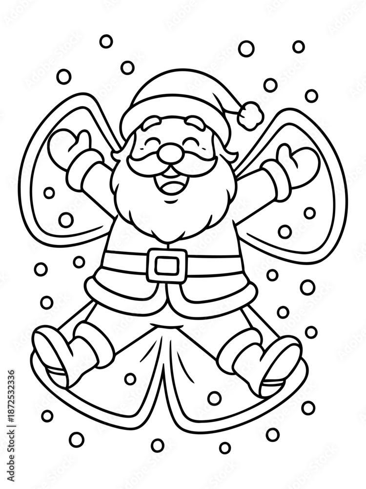 Fototapeta premium Santa's Snow Angel: A jovial illustration of Santa Claus making a snow angel, surrounded by falling snowflakes, creating a festive winter scene filled with holiday cheer.