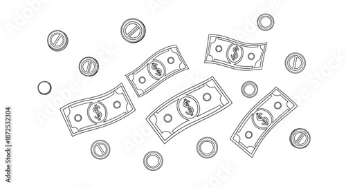 Floating Currency Notes and Coins in a Simple Line Art Illustration