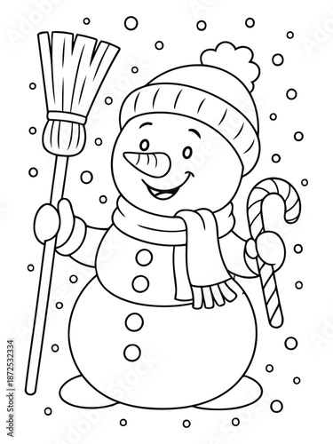 Cheerful Snowman's Winter Wonderland: A whimsical snowman, complete with a cozy scarf and hat, holds a broom and a candy cane, celebrating the joy and enchantment of winter. 
