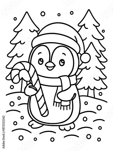 Festive Penguin with Candy Cane: A charming, outlined illustration of a penguin adorned in a cozy winter hat and scarf, clutching a candy cane, standing amidst snow and evergreen trees.