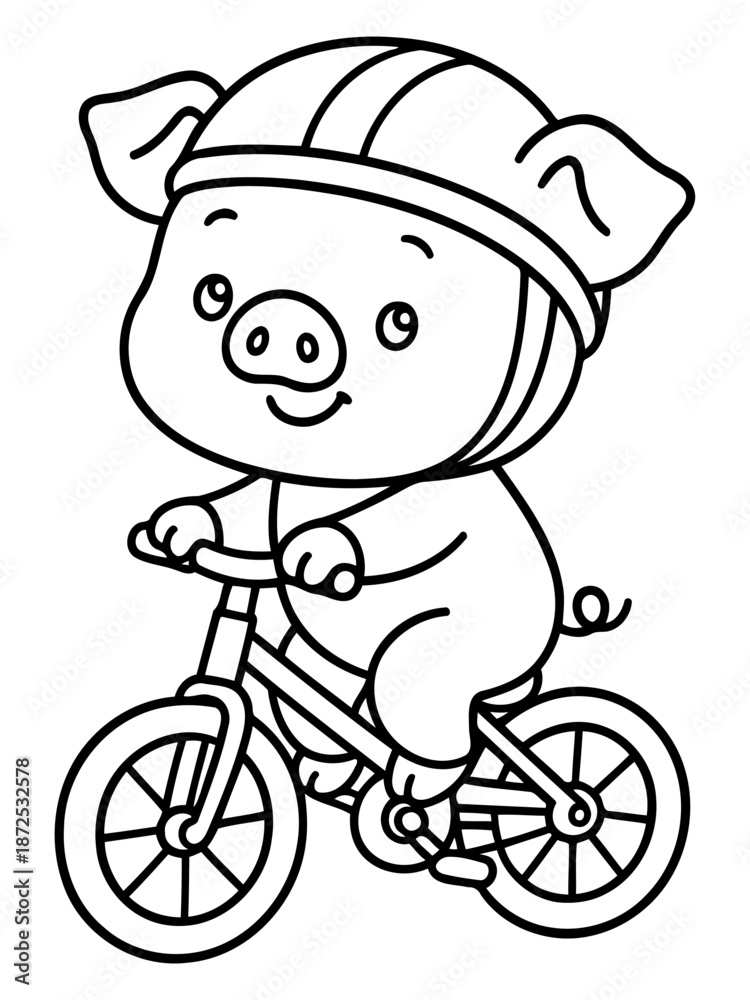 Obraz premium Cycling pig: A delightful black-and-white illustration of a cheerful pig happily cycling on a bicycle, wearing a safety helmet. The scene radiates fun, safety, and outdoor activity.