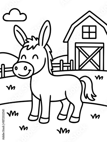 Cartoon Donkey in Farm Yard: A cheerful cartoon donkey standing in a rural farm scene. Smiling joyfully in front of a white barn. It's a whimsical, black and white drawing