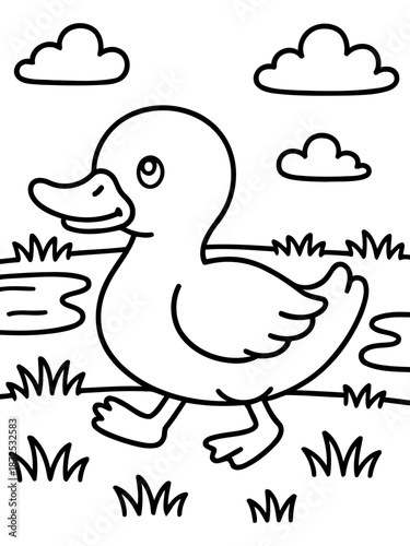 Duckling's Walk in the Meadow: A charming duckling takes a leisurely stroll through a grassy meadow, beneath a tranquil sky dotted with fluffy clouds, evoking feelings of innocence and simplicity.