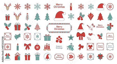 A vibrant Christmas illustration featuring festive icons and decorations in red and green hues on a white background
