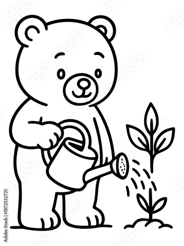 Caring for Growth: An illustration showcases a playful bear attentively watering a young plant with a watering can, fostering new beginnings and the nurturing of life.