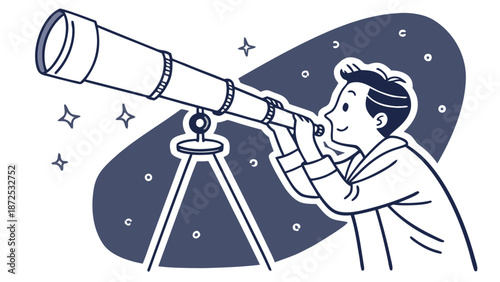 Child Using Telescope for Star Observation Illustration