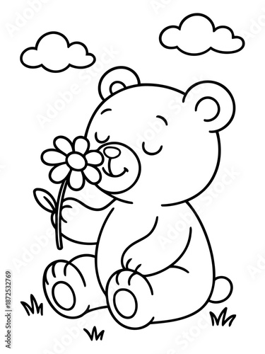 Bear smelling flower, drawing style: An endearing bear, brought to life through simple, elegant lines, gently sniffs a delicate flower. A charming depiction of nature's simple pleasures.