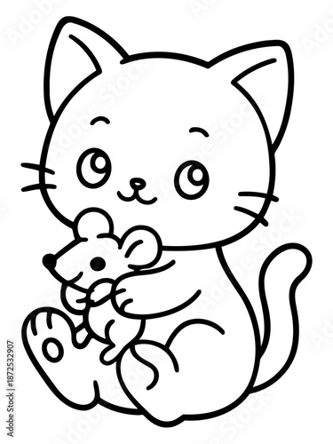 Cute Kitten and Mouse Illustration: An adorable kitten tenderly cuddles a small mouse, forming a heartwarming image.