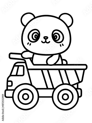 Panda Cub on a Truck Ride: a playful cartoon of a panda cub gleefully riding in a dump truck, a scene full of innocent joy and animated whimsy.