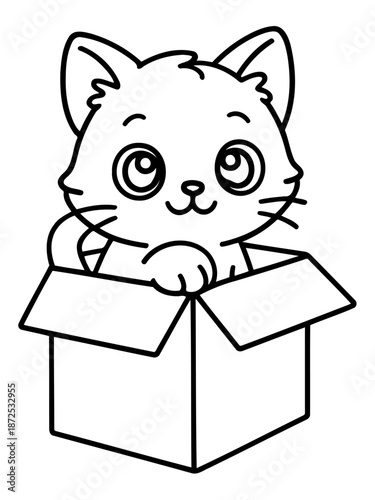 Curious Kitten in a Box: A charming cartoon kitten peers inquisitively from within a cardboard box. This image captures the essence of feline curiosity and playfulness. 