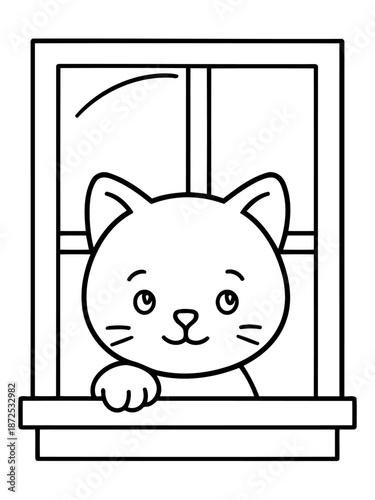 Curious Kitten at Window: An adorable cartoon kitten, with innocent eyes and a cute expression, peeks curiously through a window, offering a glimpse of playful charm.