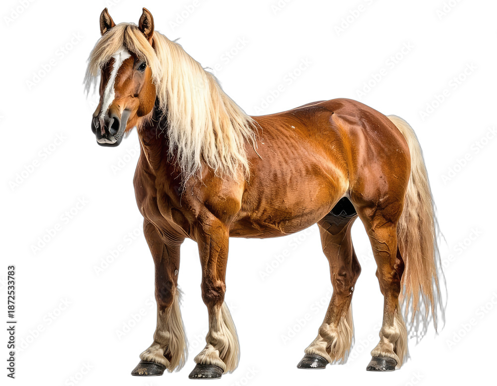 Obraz premium Majestic chestnut draft animal with flowing mane and tail, standing against a dark background