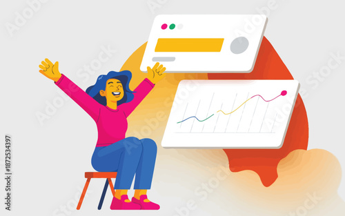 A thrilled person celebrating success with charts and data analysis, symbolizing growth and achievement in business strategy and marketing