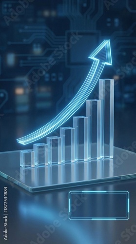 A digital growth chart showing the increase in data volume on a transparent surface against a backdrop of technological equipment