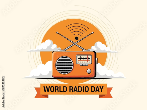 Vintage orange radio with antennas celebrating world radio day