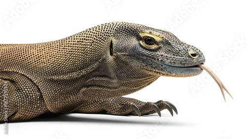 Komodo dragon isolated on white background, the world’s largest lizard with detailed scales and forked tongue, representing wildlife, nature, and Indonesian biodiversity.