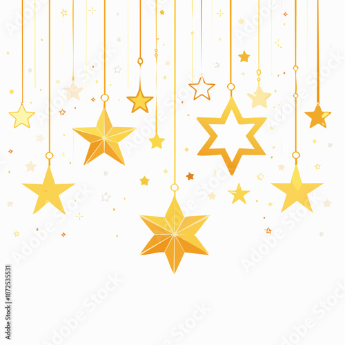 Golden stars hanging from strings against a white background, creating a festive and decorative celestial display.
