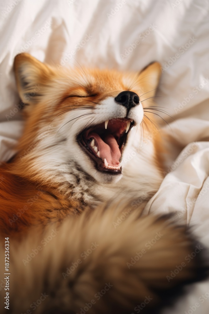 Obraz premium Red fox laying in bed with mouth open, eyes closed, yawning or laughing in a relaxed pose. Cute animal portrait for card.