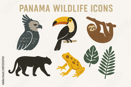 Panama wildlife vector icons with harpy eagle toucan sloth golden frog jaguar and tropical leaves