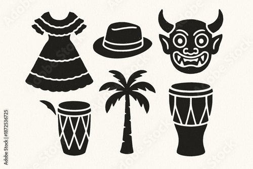 Panamanian cultural icons vector illustration with traditional dress hat mask drum and palm tree