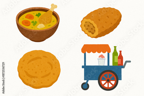 Panamanian food vector icons with sancocho carimañola hojaldre ceviche and raspao cart