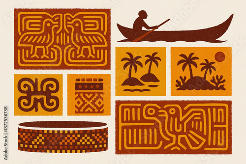 Guna Yala culture vector icons with mola textile canoe coral islands and beaded bracelets