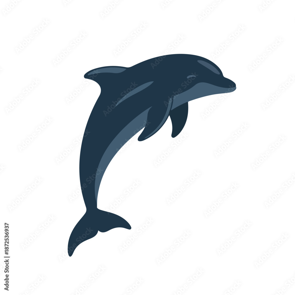 Obraz premium A dark blue silhouette of a sea animal, specifically a dolphin, jumping out of the water against a clean white background.