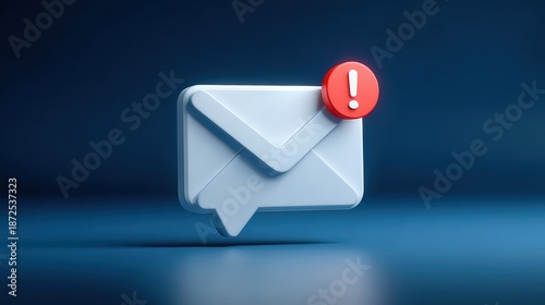 Three Dimensional Digital Render of a White Mail Envelope with a Red Exclamation Point on a Dark Blue Background