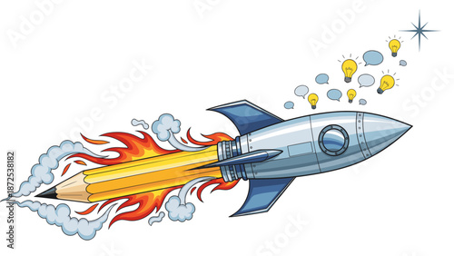 Creative pencil rocket launching with flames and smoke, emitting lightbulb ideas and speech bubbles, symbolizing rapid writing and innovation.