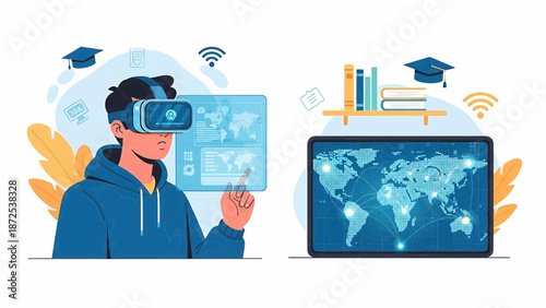 A person wearing virtual reality headset interacts with digital global map on a laptop screen