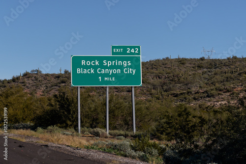 exit 242 sign on I-17 for Rock Springs and Black Canyon City, Arizona