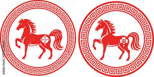 Red Chinese Zodiac Horse Symbol in Traditional Geometric Circular Frame