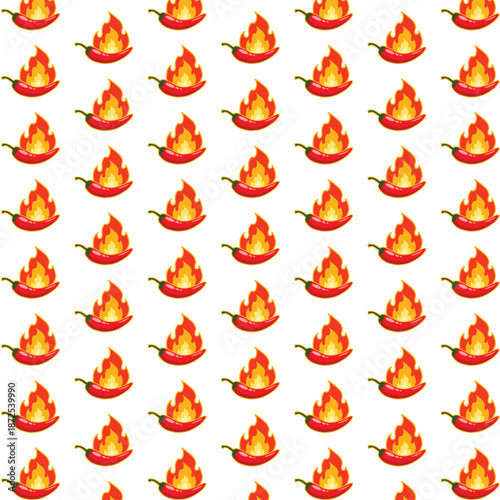 Seamless pattern with red hot chili peppers on fire isolated on white background. Vector spicy food texture with burning vegetable for mexican cuisine wallpaper, textile or wrapping paper.