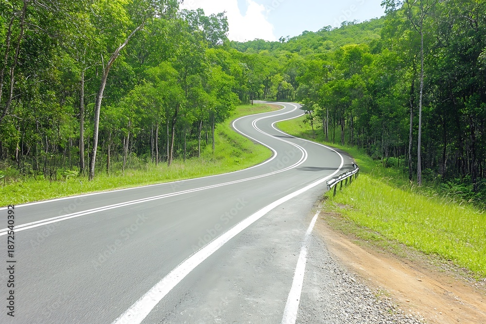 Fototapeta premium Scenic Winding Road Through Lush Green Forest Landscape in Bright Daylight Conditions