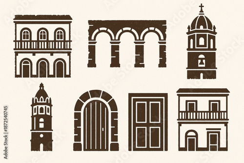 Panama colonial architecture vector icons with Casco Viejo balconies archways bell towers and wooden doors silhouettes